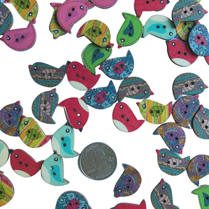 Colorful Random Mix Of Wooden Bird Buttons - Bird Buttons, W