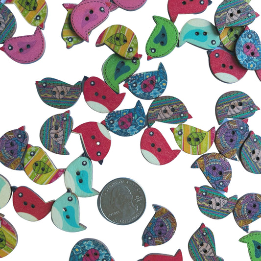 Colorful Random Mix Of Wooden Bird Buttons - Bird Buttons, W