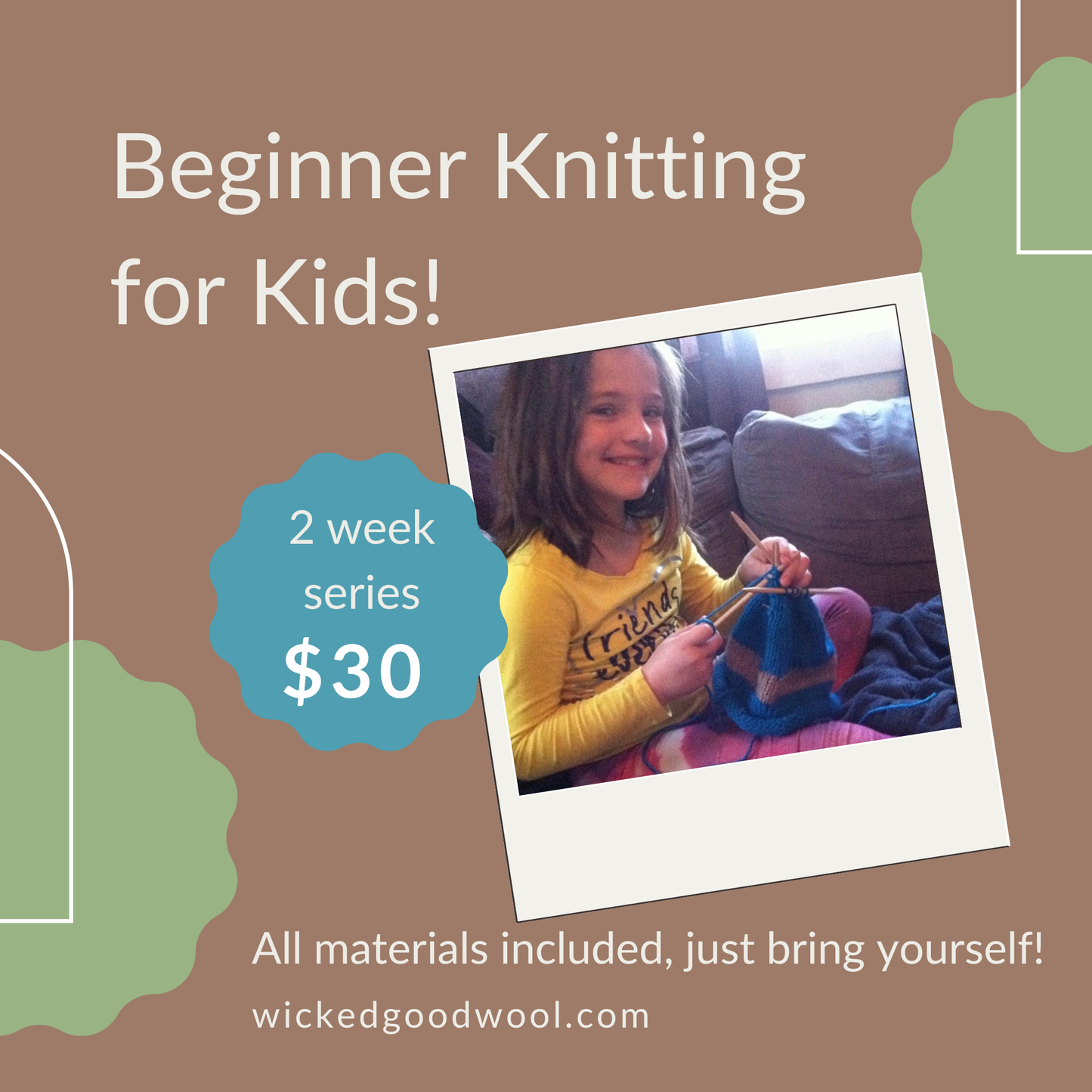 Beginner Knitting for Kids 9/26/26 & 10/3/26, 10am-11am